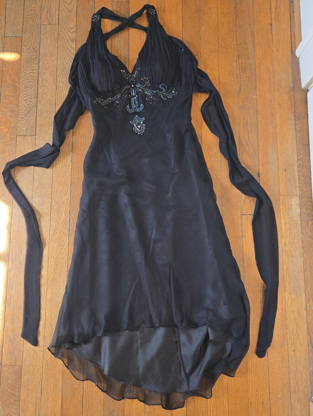 Scala Beaded Silk Chiffon Halter Midi Dress, Black | Romantic Whimsigoth Y2K
